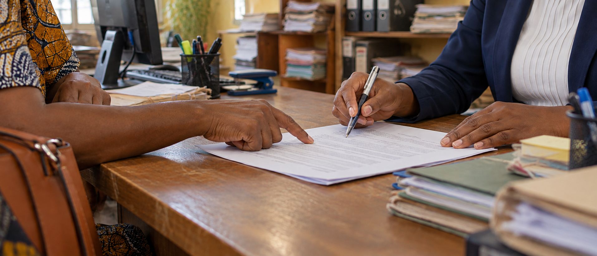 Scène illustrée : deux personnes examinent un document sur un comptoir d'assurance, avec des dossiers empilés derrière elles.