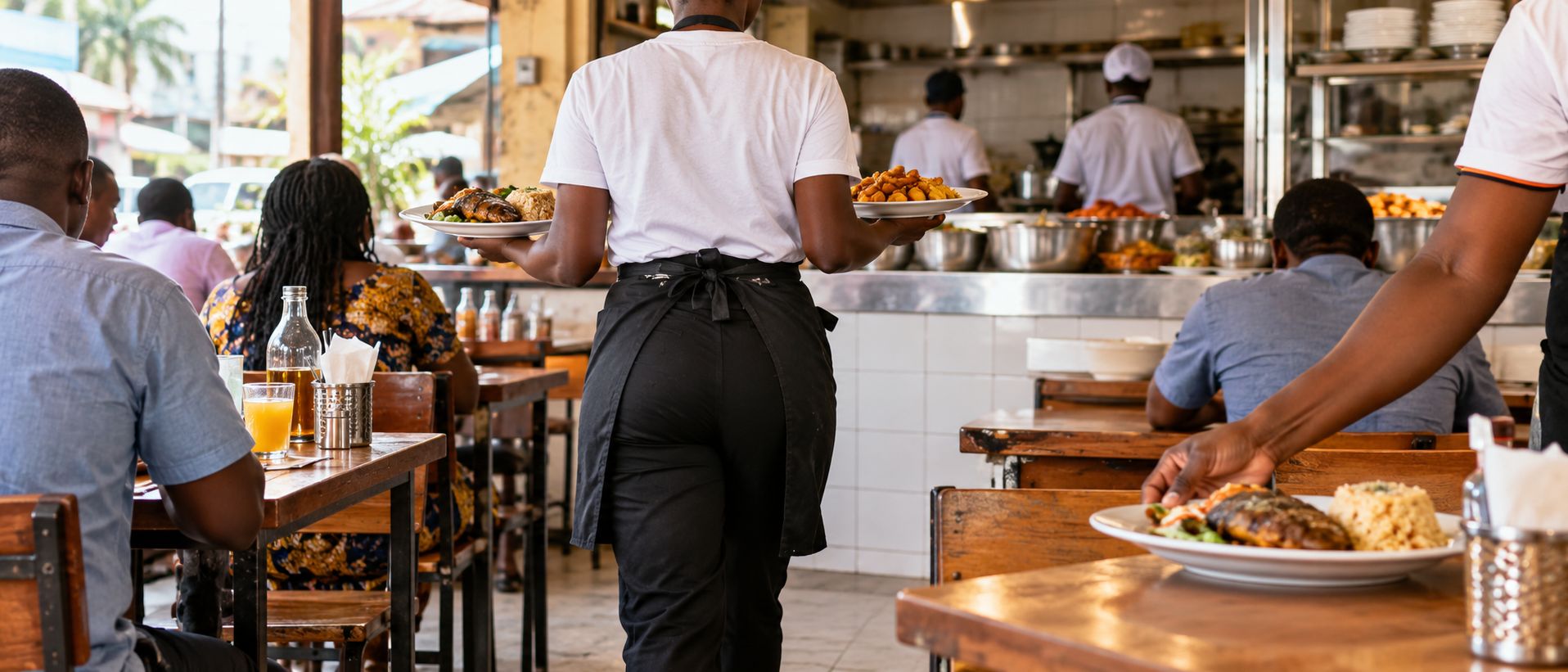 Scène illustrée : une employée traverse la salle d'un restaurant de quartier avec deux assiettes pendant le service du midi.
