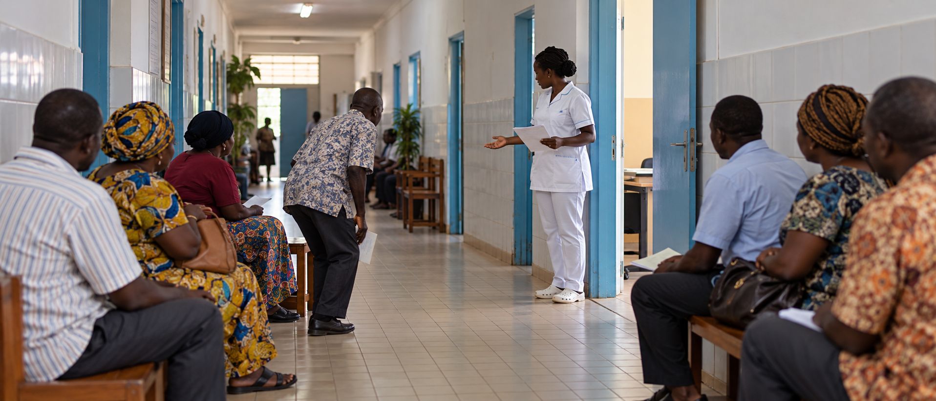 Scène illustrée : dans un couloir de clinique, des personnes attendent sur des bancs tandis qu'une infirmière appelle la suivante.